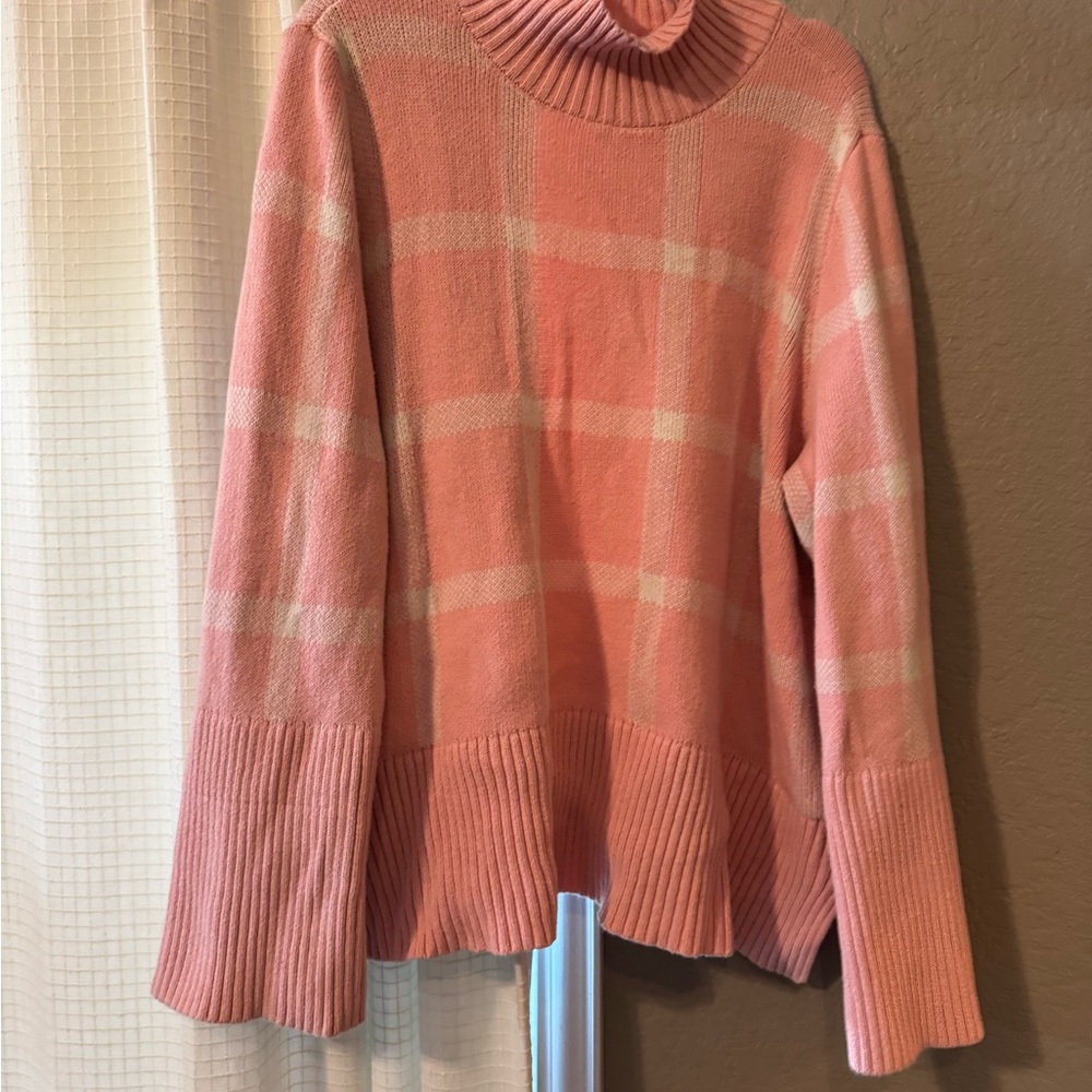 Pink Turtleneck Sweater with Ribbed Texture and Relaxed Fit
